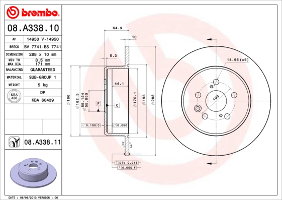Диск тормозной (в упаковке два диска, цена указана за один) (BREMBO) 08.A338.11 - фото 