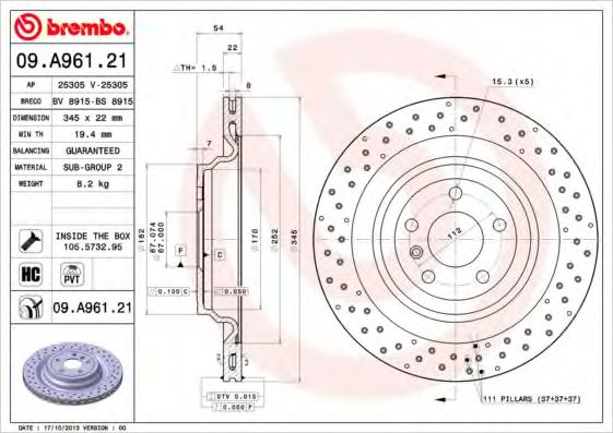 Гальмівний диск BREMBO 09.A961.21 - фото 
