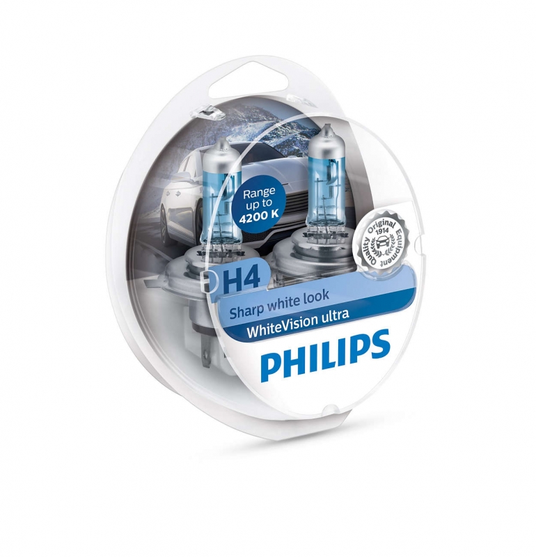 Лампа накаливания H4 12V 60/55W WhiteVision ULTRA +60 (4200K) (комплект) ( Philips) - фото 