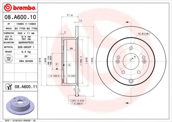 Диск тормозной задний (невентилируемый) (в упаковке два диска, цена указана за один) (BREMBO) 08.A600.11 - фото 