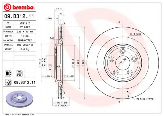 Диск тормозной задний (вентилируемый) (в упаковке два диска, цена указана за один) (BREMBO) 09.B312.11 - фото 