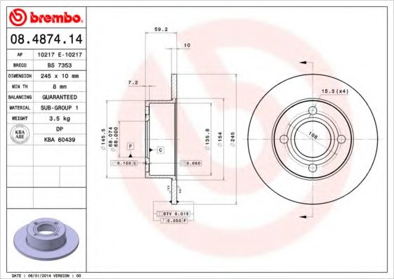 Диск тормозной задний (невентилируемый) (в паковке 2 диска, цена указана за один) (BREMBO) - фото 
