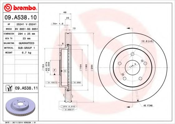 Гальмівний диск BREMBO 09.A538.10 - фото 