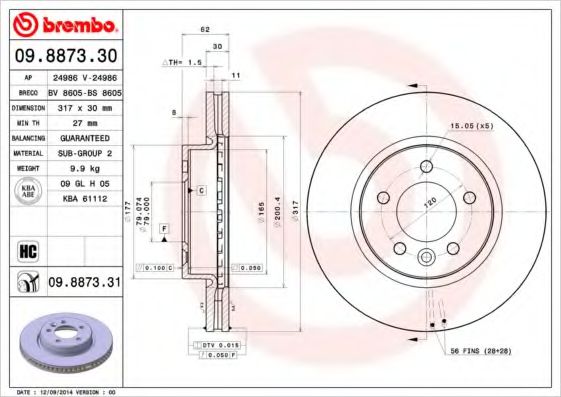 Диск тормозной передний (вентилируемый) (в упаковке два диска, цена указана за один) (BREMBO) - фото 