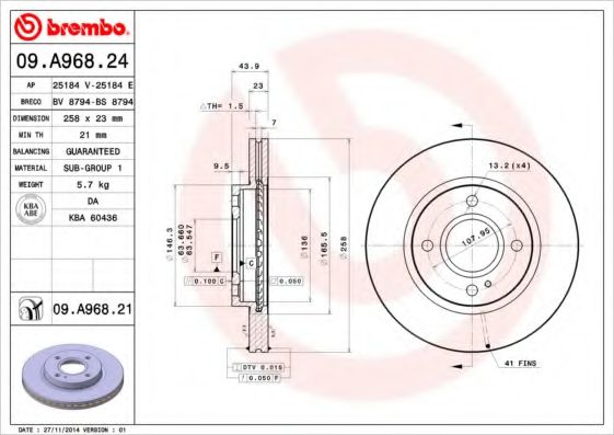 Диск тормозной передний (вентилируемый) (в упаковке два диска, цена указана за один) (BREMBO) 09.A968.24 - фото 