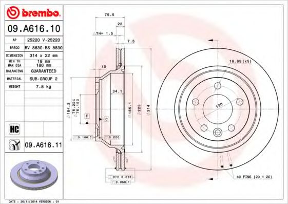 Диск тормозной задний (вентилируемый) (в упаковке два диска, цена указана за один) (BREMBO) 09.A616.10 - фото 