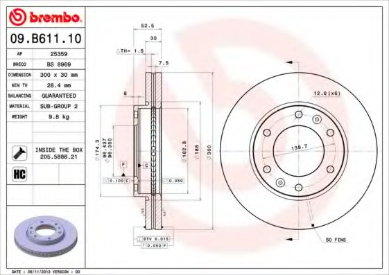 Диск тормозной передний (вентилируемый) (в упаковке два диска, цена указана за один) (BREMBO) 09.B611.10 - фото 