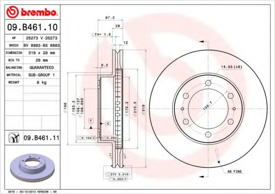 Диск тормозной передний (вентилируемый) (в упаковке два диска, цена указана за один) (BREMBO) 09.B461.11 - фото 