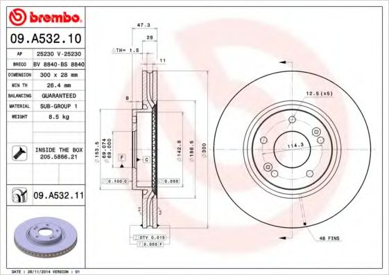 Диск тормозной передний (вентилируемый) (в упаковке 2 штуки, цена указана за 1) (BREMBO) 09.A532.10 - фото 