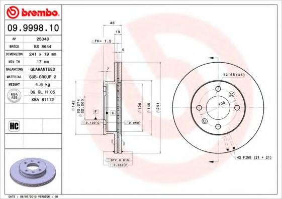 Диск тормозной передний (вентилируемый) (в упаковке 2 штуки, цена указана за 1) (BREMBO) - фото 