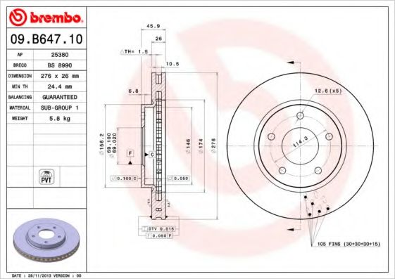 Диск тормозной передний (вентилируемый) (в упаковке два диска, цена указана за один) (BREMBO) 09.B647.10 - фото 