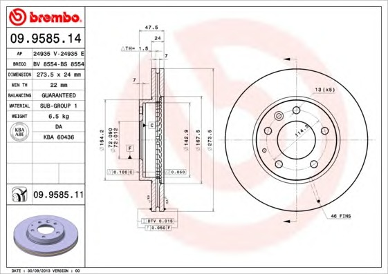 Тормозной диск BREMBO 09.9585.14 - фото 