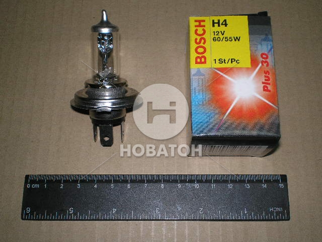 Лампа фарная АКГ 12-60+55 ВАЗ галоген. H4 ближн., дальн. свет (Bosch) - фото 