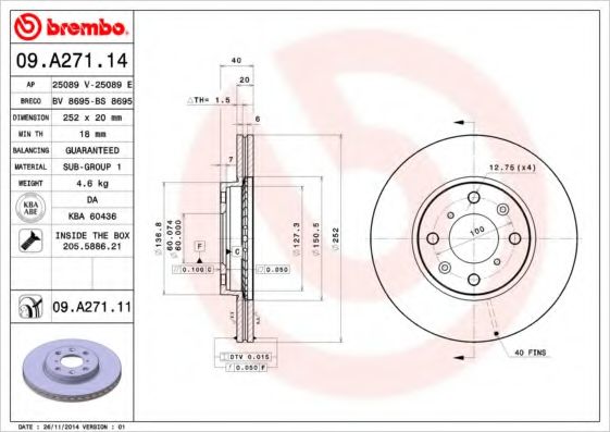 Диск тормозной передний (вентилируемый) (в упаковке 2 диска, цена указана за 1) (BREMBO) 09.A271.14 - фото 