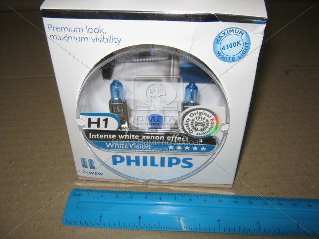 Лампа накалу H1 WhiteVision 12V 55W P14,5s (+60) (4300K)  2шт. (вир-во Philips) - фото 