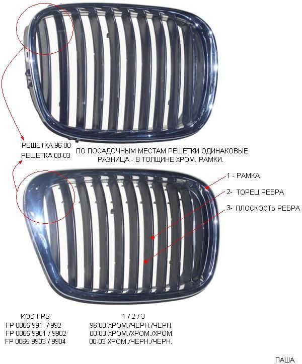 Решетка в капоте правая хромированная/хромированная/хромированная BMW (БМВ) 5 E39 00-03 (FPS) - фото 