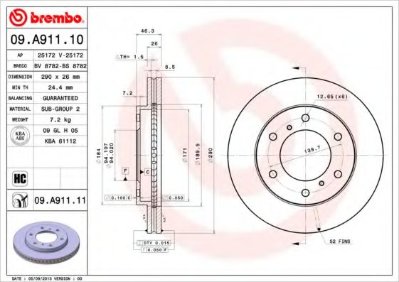 Диск тормозной задний (вентилируемый) (в упаковке два диска, цена указана за один) (BREMBO) 09.A911.10 - фото 