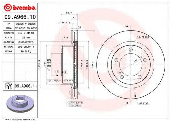 Гальмівний диск BREMBO 09.A966.11 - фото 