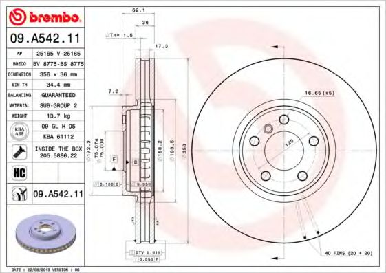Диск тормозной передний (вентилируемый) (в упаковке два диска, цена указана за один) (BREMBO) 09.A542.11 - фото 