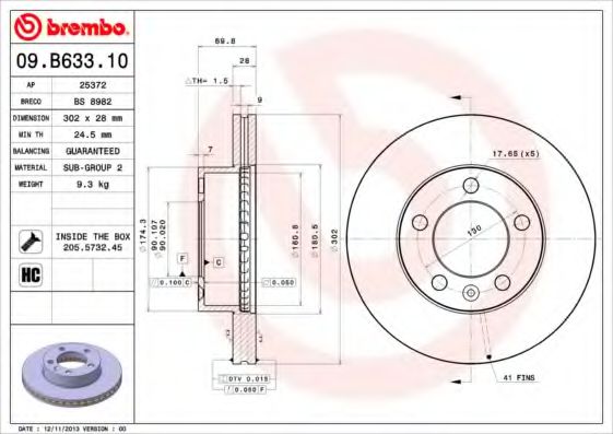 Диск тормозной передний (вентилируемый) (в упаковке два диска, цена указана за один) (BREMBO) 09.B633.10 - фото 