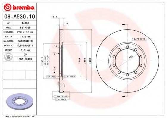Диск тормозной задний (невентилируемый) (в упаковке два диска, цена указана за один) (BREMBO) 08.A530.10 - фото 