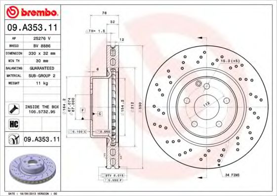 Гальмiвний диск BREMBO 09.A353.11 - фото 