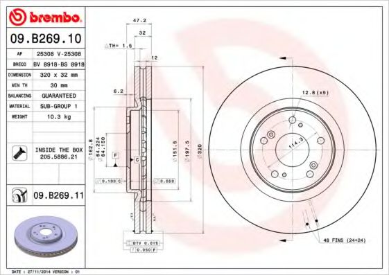 Диск тормозной передний (вентилируемый) (в упаковке два диска, цена указана за один) (BREMBO) 09.B269.10 - фото 