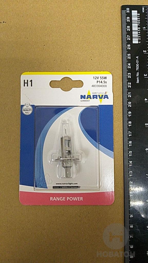 Лампа накаливания H1 12V 55W P14,5S RANGE POWER +30 (blister 1шт) (Narva) - фото 