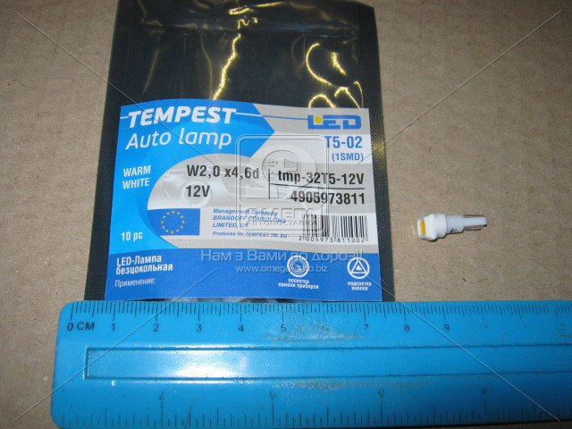 Лампа LED б / ц панель приладів, підсвічування кнопок Т5-02 (1SMD) W2,0 х4,6d біла 12V <TEMPEST> - фото 