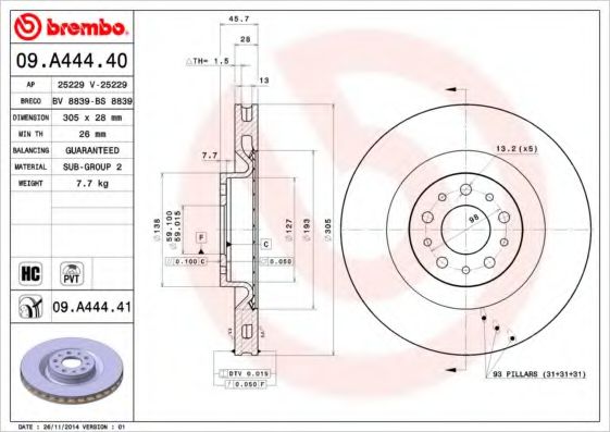 Тормозной диск BREMBO 09.A444.40 - фото 