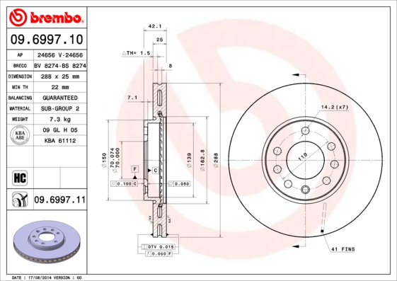 Диск тормозной передний (вентилируемый) (в упаковке 2 штуки, цена указана за 1) (BREMBO) - фото 