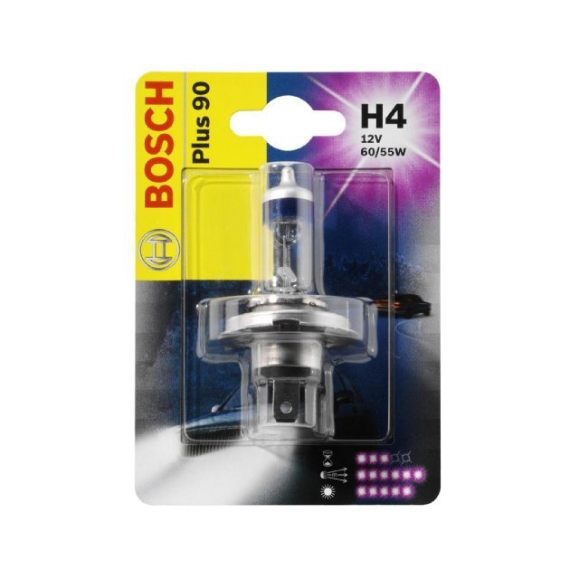 Лампа накаливания H4 12V 60/55W P43t PLUS 90 blister (Bosch) - фото 