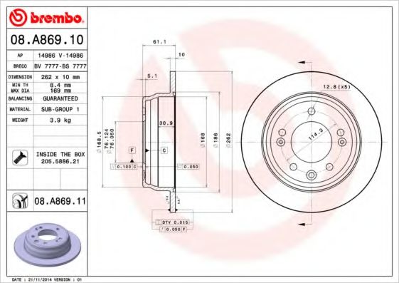 Диск тормозной задний (невентилируемый) (в упаковке два диска, цена указана за один) (BREMBO) 08.A869.10 - фото 