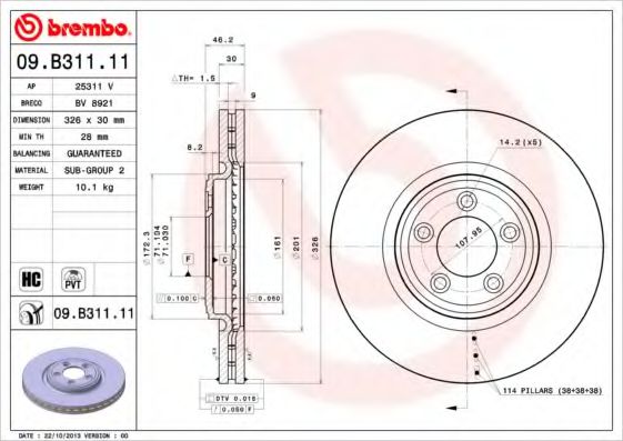 Диск тормозной передний (вентилируемый) (в упаковке два диска, цена указана за один) (BREMBO) 09.B311.11 - фото 