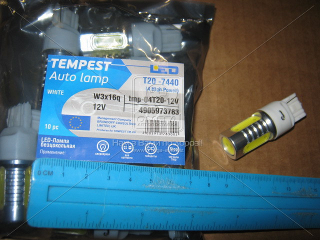 Лампа LED б/ц габарит, стоп T20 -7440 (4SMD) Mega-LED W3x16d 12V WHITE <TEMPEST> - фото 