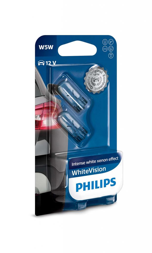 Лампа розжарювання W5 Whitvision 12v 5w W 2,1x9,5d (вир-во Philips) PHILIPS 12961NBVB2 - фото 