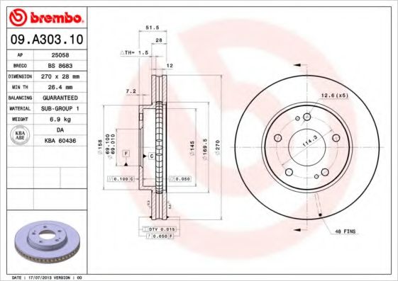 Диск тормозной передний (вентилируемый) (в упаковке 2 штуки, цена указана за 1) (BREMBO) 09.A303.10 - фото 