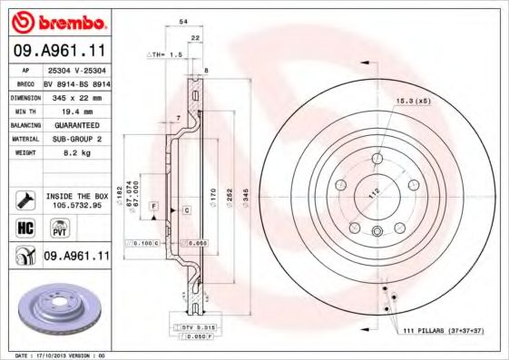 Гальмівний диск BREMBO 09.A961.11 - фото 