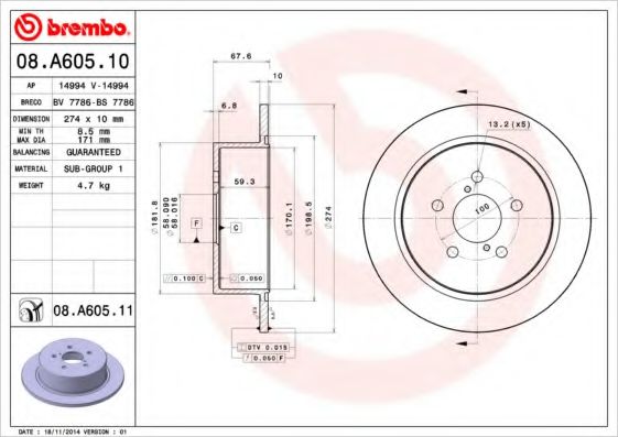 Гальмiвний диск BREMBO 08.A605.10 - фото 