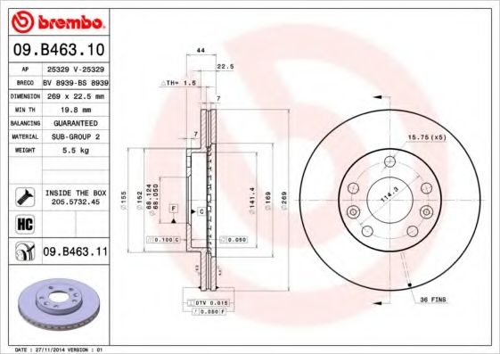 Тормозной диск BREMBO 09.B463.10 - фото 