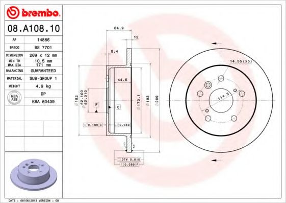 Диск тормозной задний (невентилируемый)(в упаковке 2 шт, цена указана за 1) BREMBO 08.A108.10 - фото 