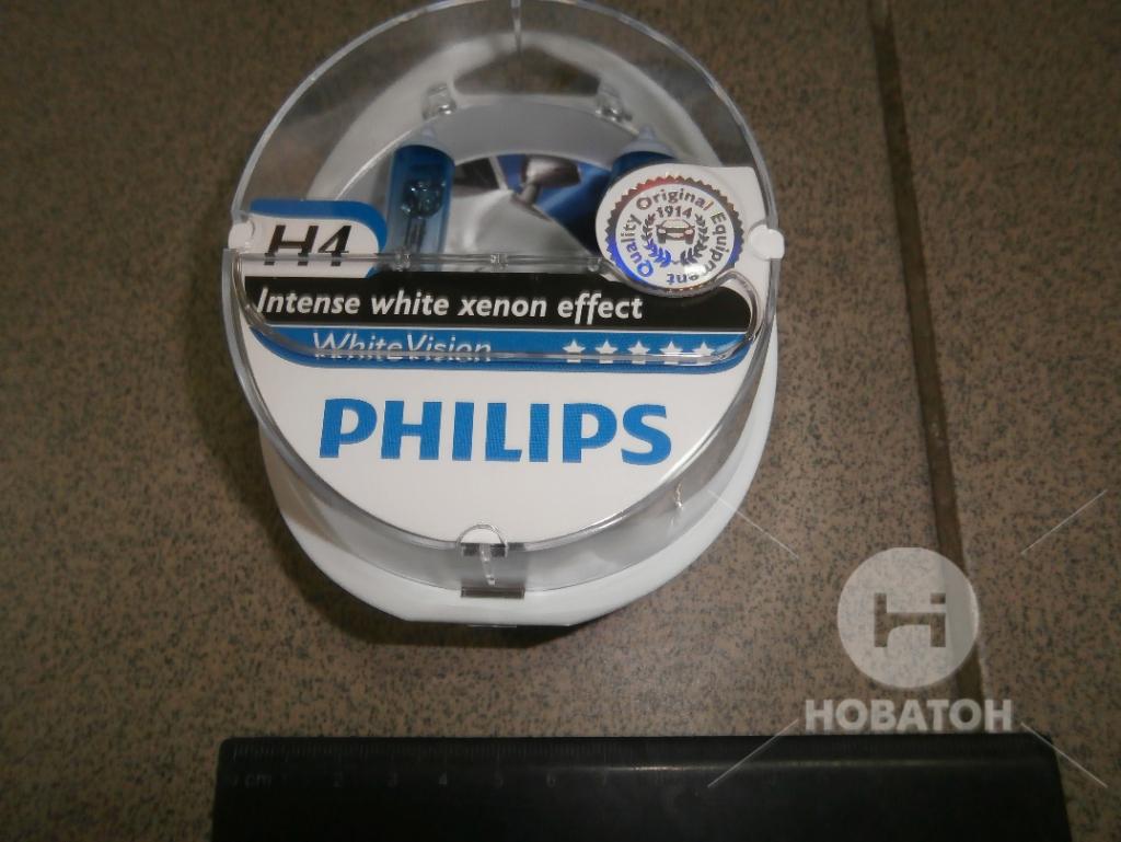 Лампа накаливания H4 WhiteVision 12V, 60/55W, P43t-38 (+60) (4300K) 2шт. (Philips) PHILIPS 12342WHVSM - фото 