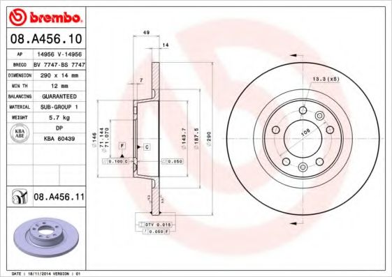 Диск тормозной задний (невентилируемый) (в упаковке два диска, цена указана за один) (BREMBO) 08.A456.10 - фото 