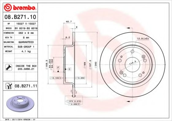 Диск тормозной задний (невентилируемый) (в упаковке два диска, цена указана за один) (BREMBO) 08.B271.11 - фото 