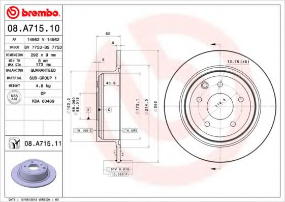 Диск тормозной задний (невентилируемый) (в упаковке 2 штуки, цена указана за 1) (BREMBO) 08.A715.11 - фото 