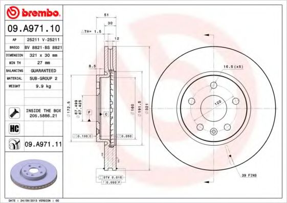 Диск тормозной передний (вентилируемый) (в упаковке два диска, цена указана за один) (BREMBO) 09.A971.11 - фото 