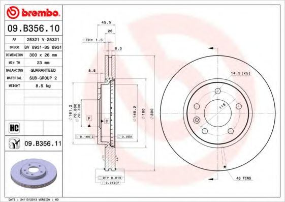 Диск тормозной задний (вентилируемый) (в упаковке два диска, цена указана за один) (BREMBO) 09.B356.10 - фото 