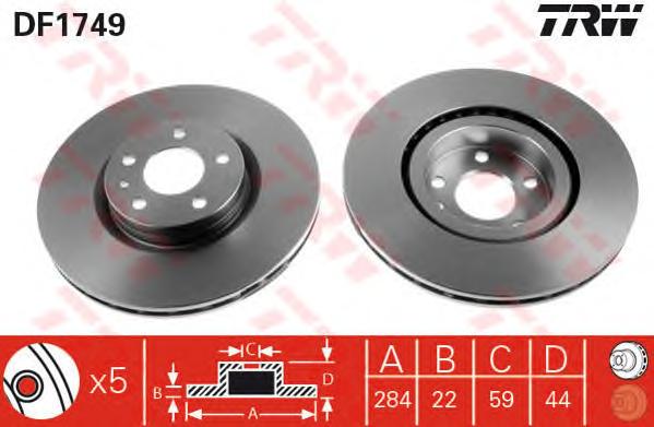 Диск тормозной передний (вентилируемый) (в упаковке два диска, цена указана за один) (TRW) DF1749 - фото 