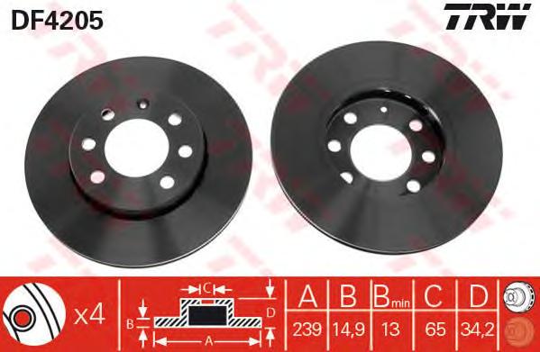Диск тормозной передний (вентилируемый) (в упаковке два диска, цена указана за один) (TRW) DF4205 - фото 
