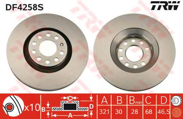 Диск тормозной передний (вентилируемый) (в упаковке два диска, цена указана за один) (TRW) DF4258S - фото 